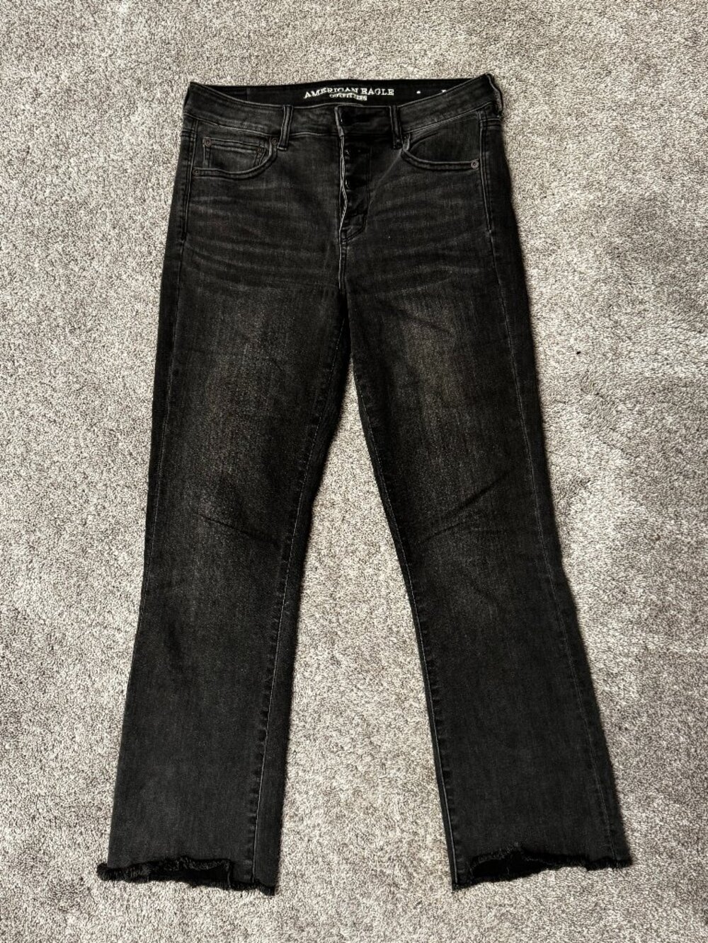 American Eagle Hi-Rise Crop Flare Jeans Women's 10 Long Faded Black Raw Hem